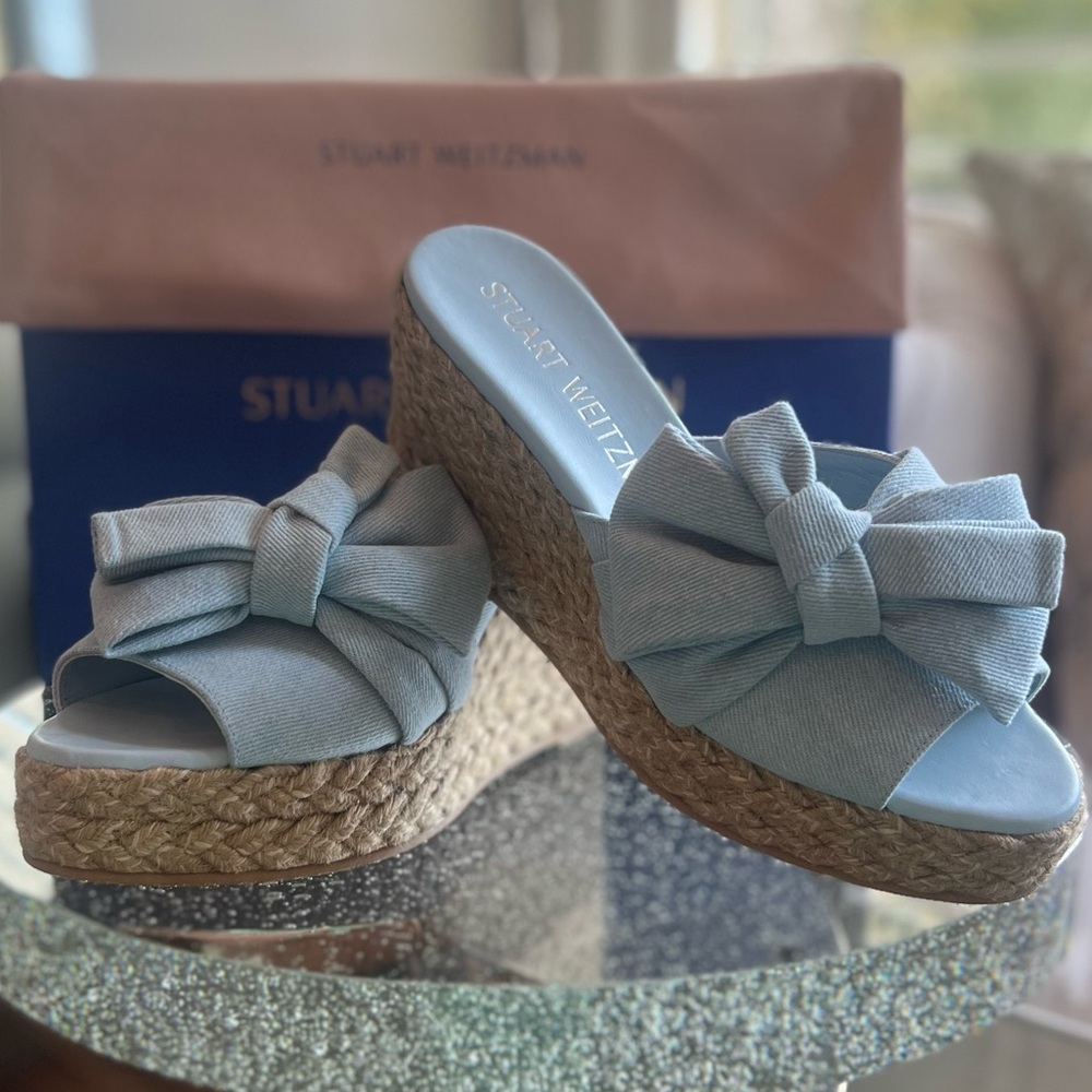 Stuart Weitzman NWB Loveknot Espadrille Wedge Vintage Denim/Jute Size 40/9.5 B